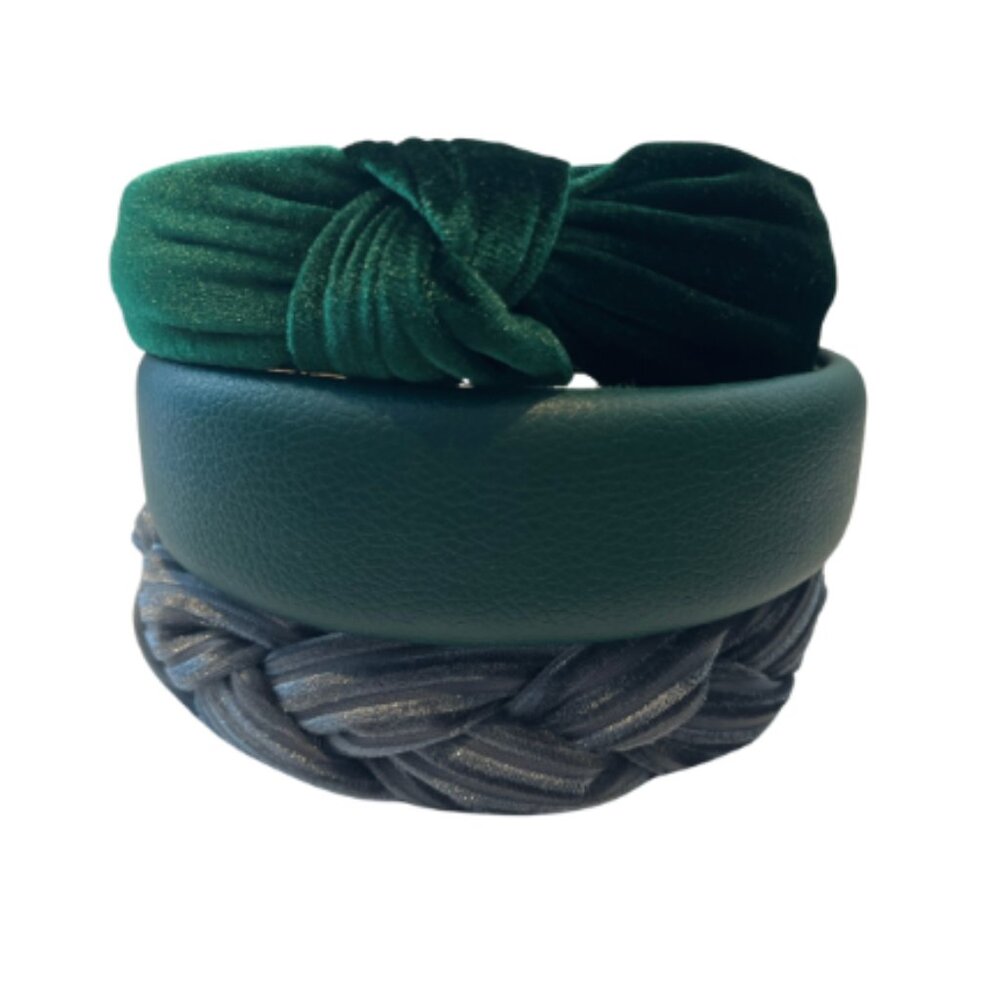 Headband Set 3 /Knot Top Velvet + PU Leather, Green / Braided Velvet, Blue Grey